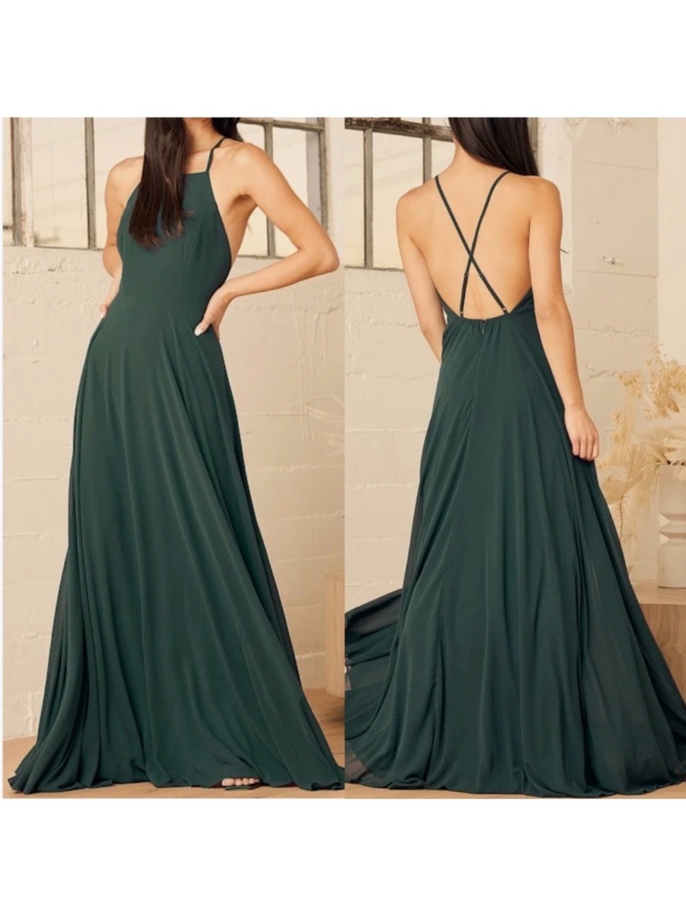 NEW Lulus Maxi Dress Womens XL Forest Green Open Back Formal Chiffon Gown